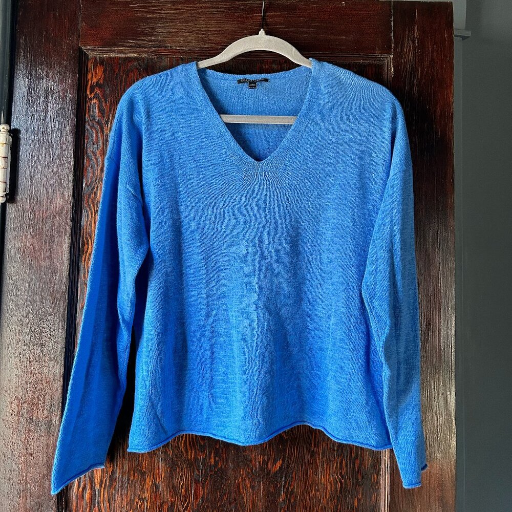 Eileen Fisher Coastal Blue Linen Cotton V-Neck Oversized Loose Knit Sweater
